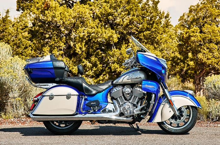 Indian Roadmaster side profile static in field